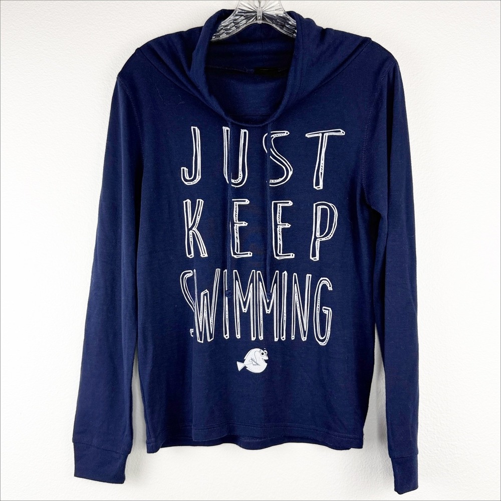 Disney Pixar Finding Dory Just Keep Swimming Cowl Neck Navy Pullover Top